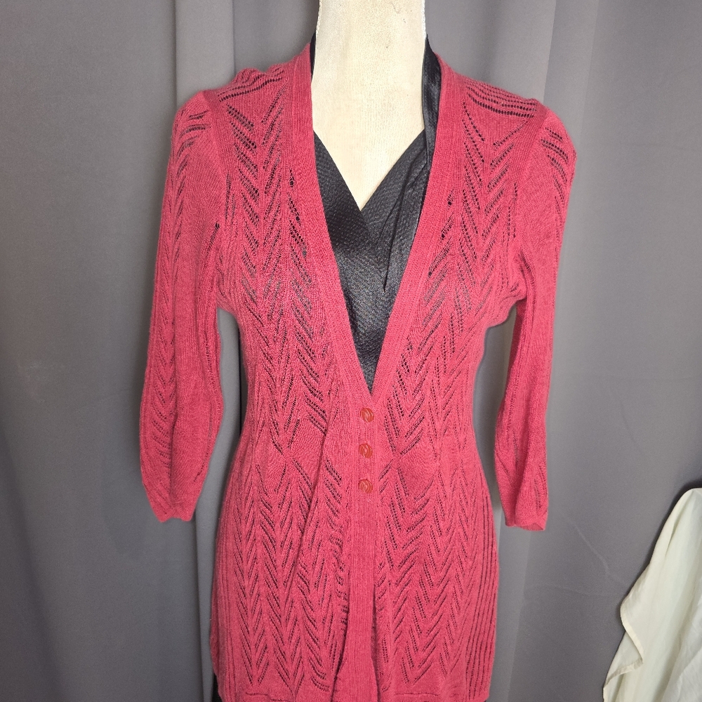 Guinevere Anthropologie Linen Knit Cardigan Womens Medium Red Button Front - Picture 2 of 12